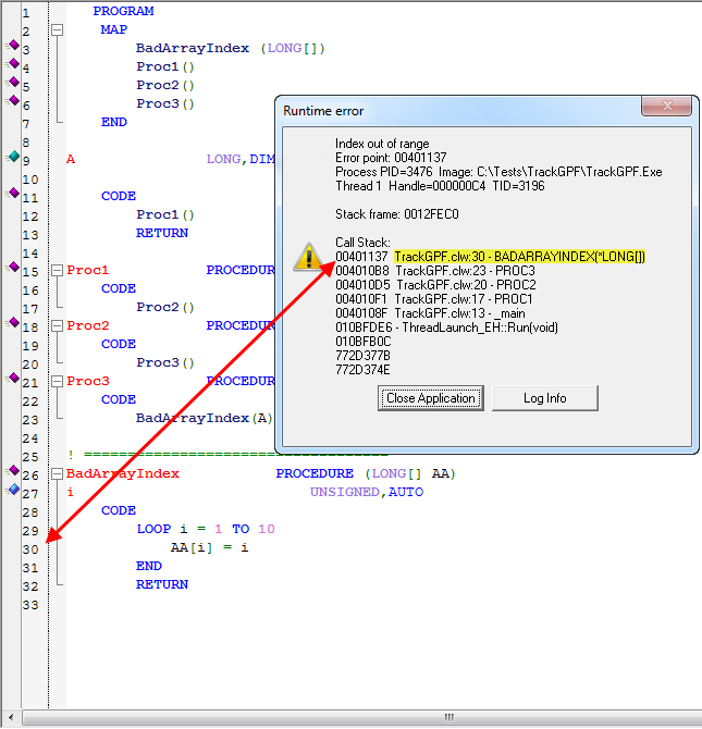 GPF with debug info decoded at runtime